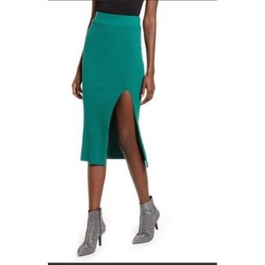 NWT LEITH GREEN RIBBED KNIT SIDE SPLIT MIDI SKIRT